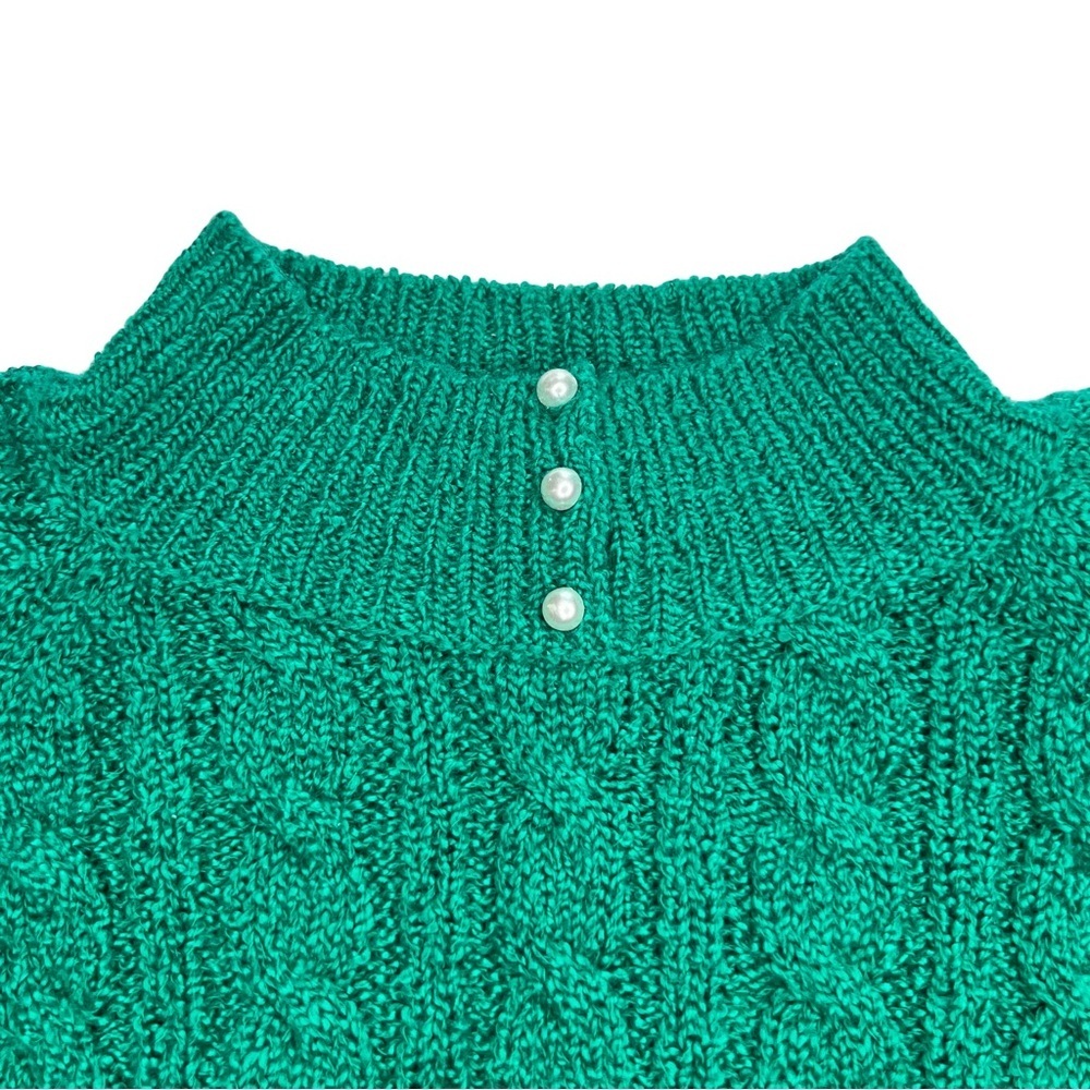Vintage Cable Knit Sweater Faux Pearl Tall Collar Miranda Emerald Green Medium M - Picture 6 of 17